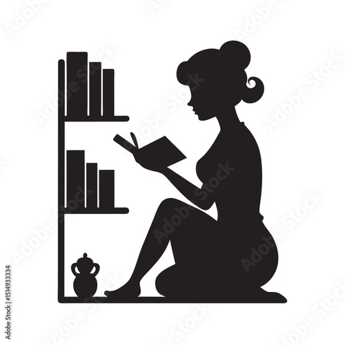 Woman Reading Books In Cozy Library