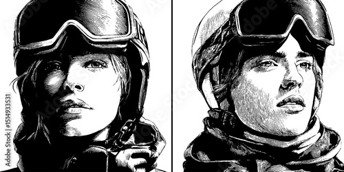 Engraved winter sports illustration featuring snowboarders in goggles and helmets