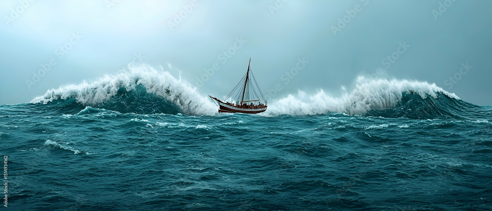 Obraz premium Stormy Ocean With Ship In Rough Waves