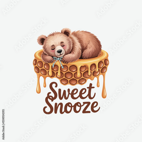 Sweet Snooze Adorable Sleeping Bear Cub on Honeycomb Illustration
