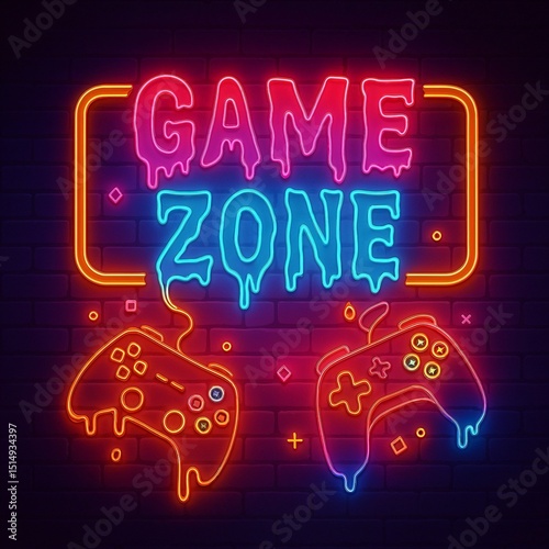 Neon-style illustration with “GAME ZONE” text and game controllers on a dark brick wall. Great for stream layouts, covers, stories, and gaming-related visual content.