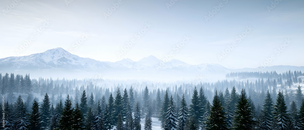 Fototapeta premium Snowy Forest With Mountains And Fog