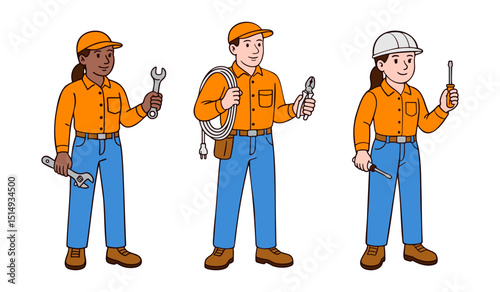 Hand-drawn set of technical workers with tools and safety gear. Two female and one male character in orange uniforms holding pliers, cable, wrench, and screwdriver. Clean line art vector illustration 