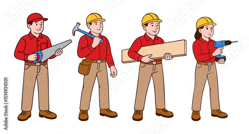 Hand-drawn set of construction workers with tools and safety helmets. Male and female characters in red uniforms holding equipment. Clean line art vector illustration isolated on white background