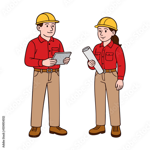 Hand-drawn set of construction professionals with helmets and documents. Male and female engineers holding tablet and blueprint. Clean line art vector illustration isolated on white background