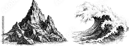 Engraved illustration set of steep cliffside and ocean wave for nature inspiration
