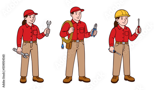 Hand-drawn set of technical workers with tools and safety gear. Two female and one male character in red uniforms holding pliers, cable, wrench, and screwdriver. Clean line art vector illustration 
