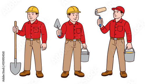 Hand-drawn set of construction workers with tools and safety gear. Three male builders in red uniforms holding shovel, trowel, paint roller and bucket. Clean line art vector illustration isolated on w