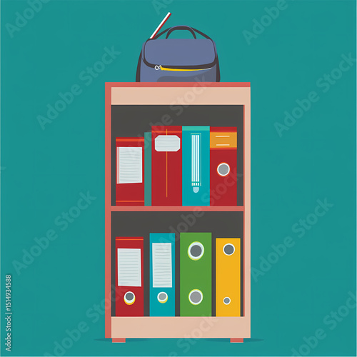 Student Bookshelf Illustration: A meticulously-designed illustration of a student's bookshelf, topped with a backpack, and adorned with colorful folders and stationery supplies.