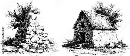 Rustic farmhouse and ruins in vintage engraved style for design