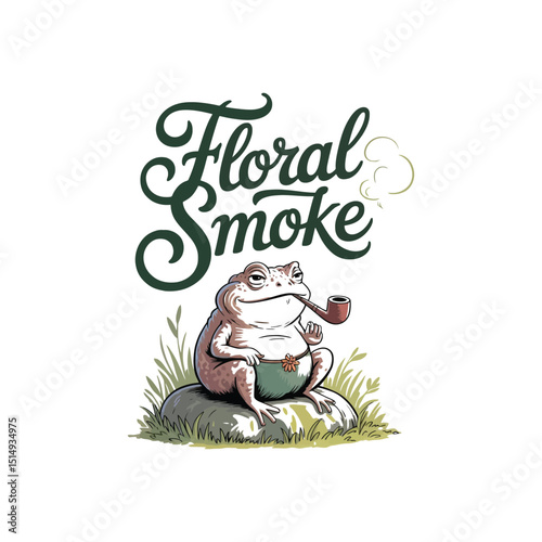 Whimsical Floral Smoke A Toad's Serene Pipe Smoking Illustration