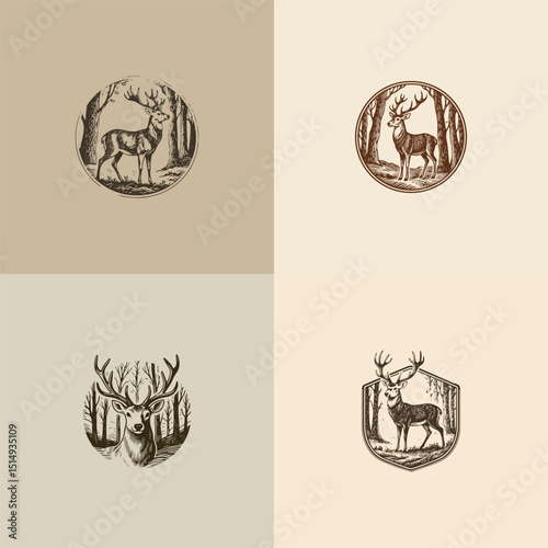 Forest deer logo set with engraved style design flat vector template