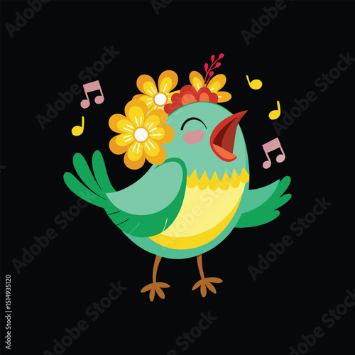 Singing Bird with Flower Crown A Delightful Illustration of Nature's Melody