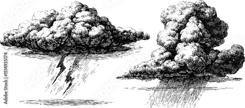 Vintage storm cloud engravings with lightning and rain for weather illustrations