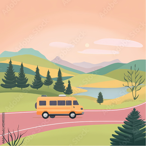 Road Trip Adventure: A vibrant depiction of a journey awaits, with a charming bus navigating a scenic road surrounded by lush landscapes, evoking a sense of freedom and exploration.