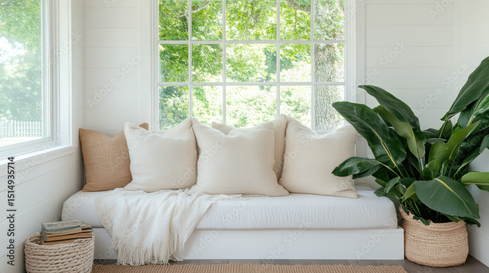 Fototapeta premium Cozy reading corner with soft pillows and lush plant by window, inviting relaxation