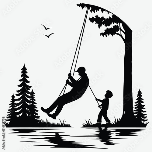 Father and child playing on a swing near the water in nature  silhouette image vector art and illustration	