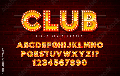 Light Bulb Alphabet with Red Frame Box and Shadow on Vintage Brick Wall Background. Glowing Retro Vector Font Collection with Shiny Bright Lights. ABC and Number Design for Casino, Night Club or