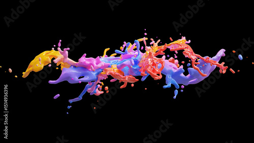 Dynamic and colorful abstract paint splash on black, ideal for vibrant and energetic design backgrounds.