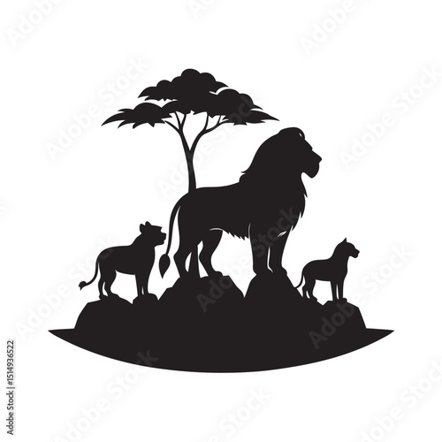 Lion Family Resting On Mountain Rock