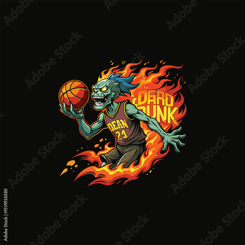 Fiery Zombie Basketball Dunk Undead Athlete Illustration