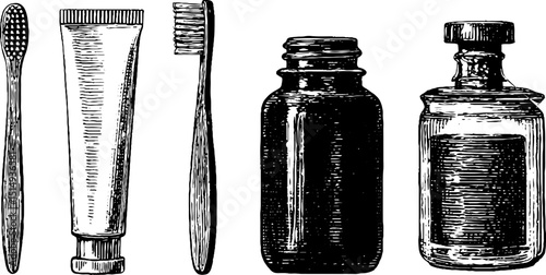 Vintage engraving of toothbrush, toothpaste tube, and bottles for hygiene and oral care design