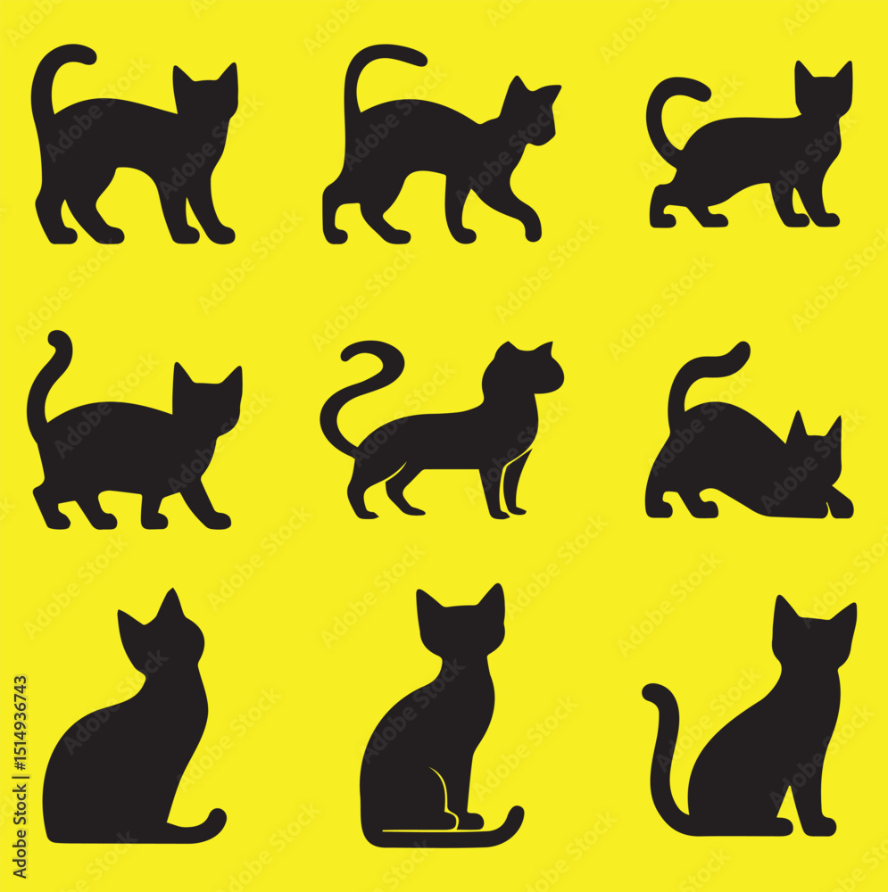 Set of cat silhouettes in various poses. isolated vector on yellow background Set of cat silhouettes in various poses. isolated vector on yellow background