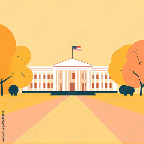 Architectural Landmark and autumn: A stylized illustration capturing a stately building against a backdrop of vibrant autumn hues. The central focus is a large building with classic columns.