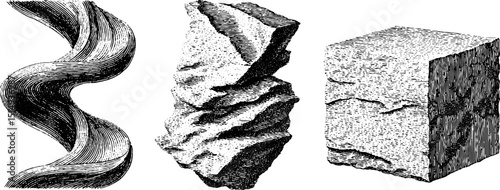 Engraved illustration set with twisting helix and rock forms for art and design