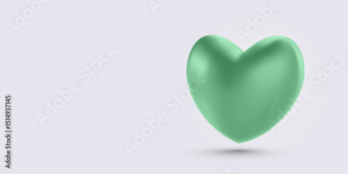 Minimal 3D Green Heart with Smooth Surface and Soft Shadow Floating on Light Background. Ideal for Love, Romance, or Wellness Concepts. Vector Illustration.