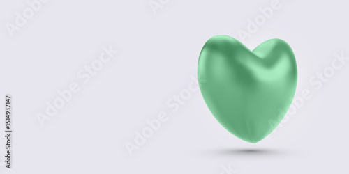 Glossy Green Heart in Minimal 3D Style with Soft Light and Floating Shadow. Ideal for Love, Romance, or Social Media Themes. Vector Illustration.