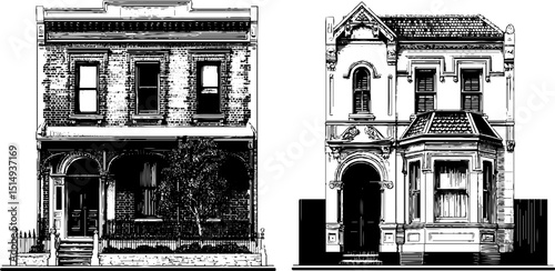 Set of vintage engraved victorian house facades for architectural design