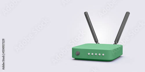 Green Wireless Router With Dual Antennas and Indicator Lights. Minimal 3D Design Representing Internet Access, Wi-Fi Connection, and Data Transmission. Vector Illustration.