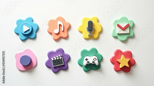 Vibrant 3D rendered digital media and communication icons on playful, organic shapes. Features symbols for video, music, audio, email, film, gaming, and favorites. A clean, colorful collection perfect