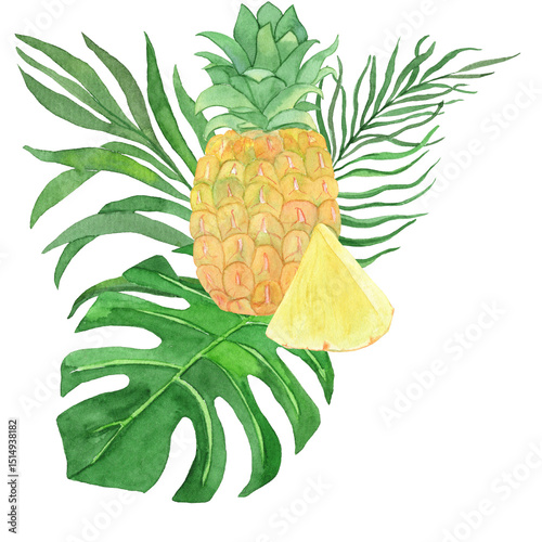Tropical watercolor composition featuring pineapple and palm leaves. Perfect for summer designs, packaging, and exotic decor.
