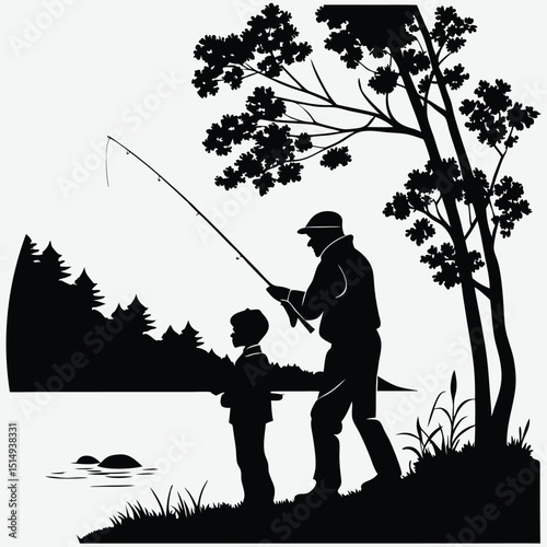 Father and son fishing at a lakeside silhouette image vector art and illustration	