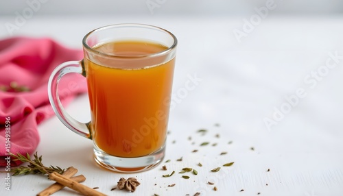 a close up of a glass of collagen rich bone broth with herbs, perfect for skin elasticity and joint care.