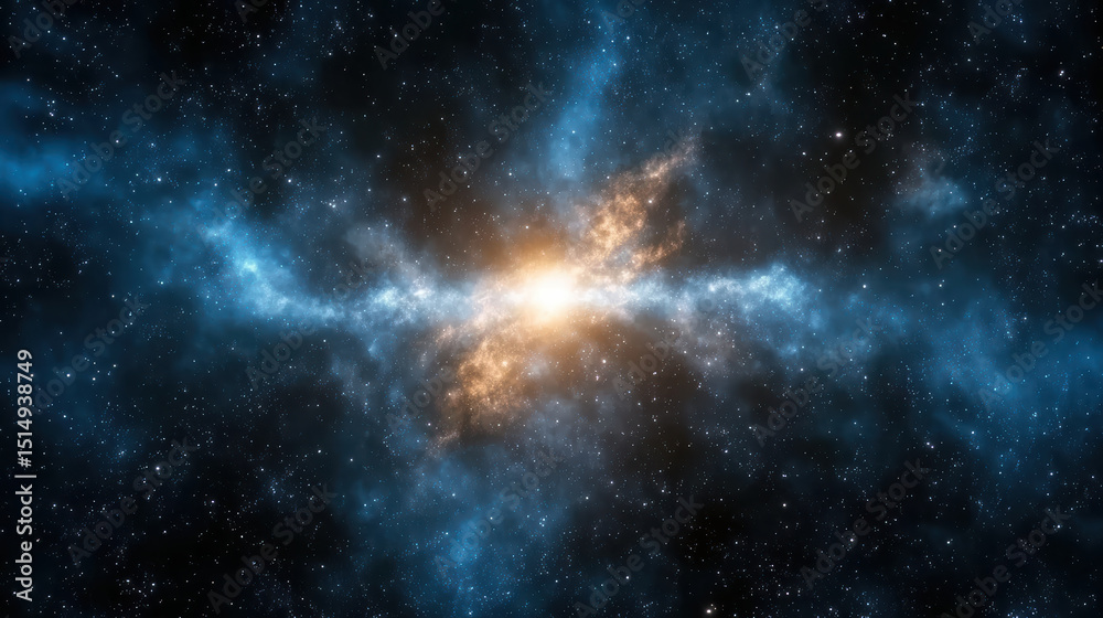 Naklejka premium Stunning cosmic scene featuring bright central explosion surrounded by swirling blue and orange