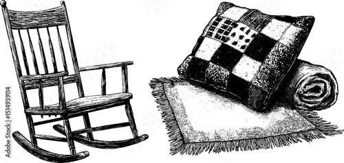 Vintage rocking chair with patchwork pillow and blanket - detailed engraved illustration for cozy home decor concepts