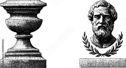 Vintage engraved illustration set featuring ancient statue and historical bust