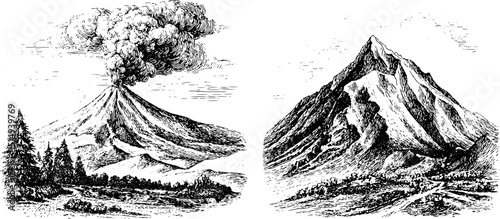 Engraved volcanic ash cloud illustration set for geological studies and educational design