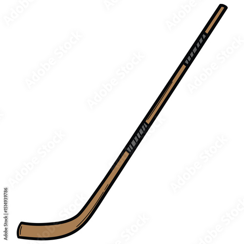 Hand drawn cartoon wooden hockey stick on white background.