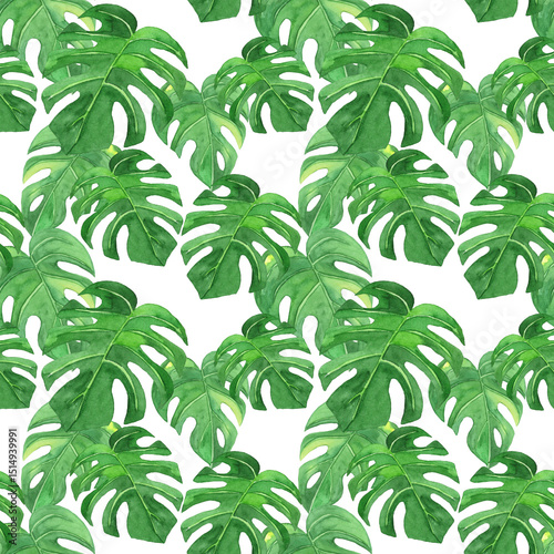 Seamless tropical watercolor pattern featuring palm and monstera leaves. Perfect for summer textiles, wallpapers, and exotic design projects.