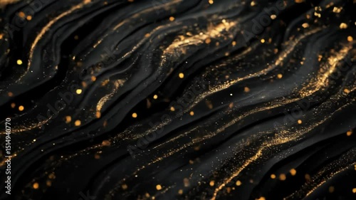 Abstract black liquid surface with flowing gold particles and glowing sparkles in luxury motion background animation — elegant fluid waves and glitter in video footage