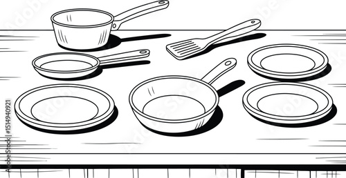 Kitchen utensils drawing of pans plates and spatula on countertop black and white