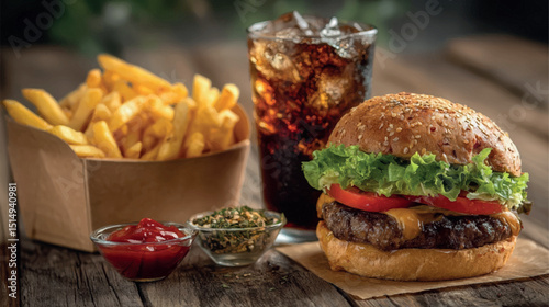 Stylized illustration of an American fast food set: Burger, fries, and soda. Perfect for menus or food blogs.