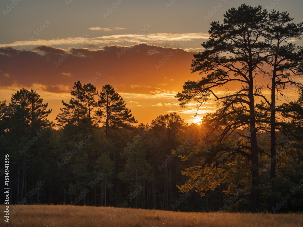 Obraz premium The setting sun paints the sky in shades of gold and red behind a distant forest edge with treetops forming a jagged horizon, photographed from an open field to emphasize the contrast