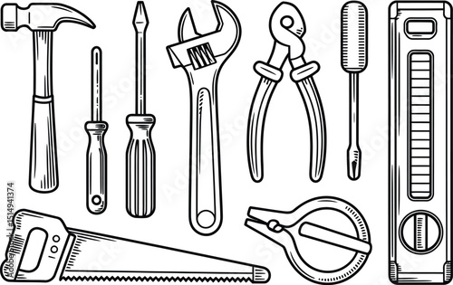 Hand drawn sketch of hand tools collection illustration for diy and home improvement
