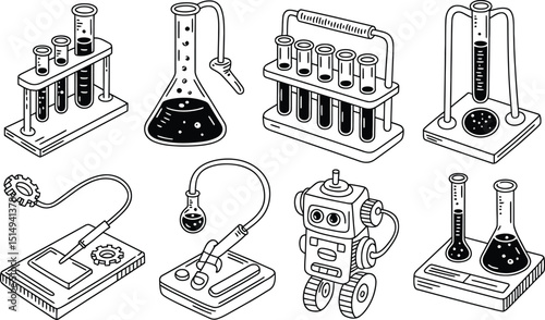 Science lab outline illustration featuring test tubes beakers and a robot