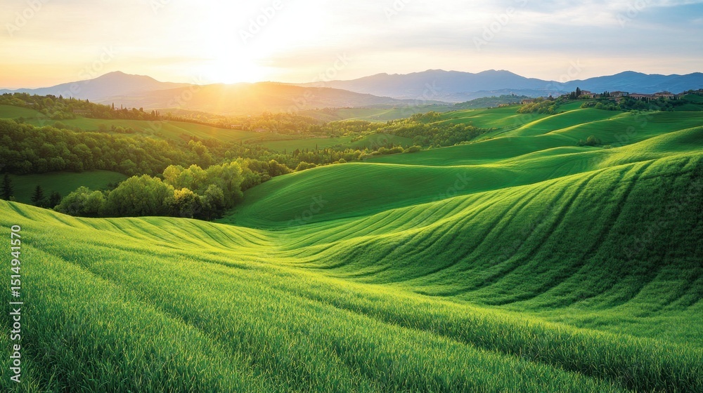 Obraz premium Lush green hills, rolling landscape at sunset. Scenic valley, vibrant colors